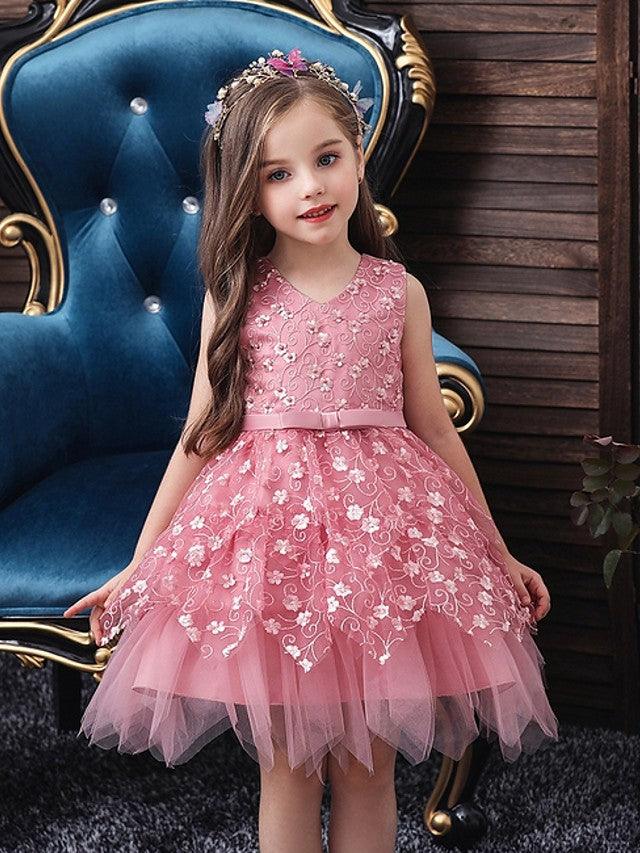 Short Ball Gown Tulle Sleeveless V Neck Wedding Party Flower Girl Dresses - VelvetHem