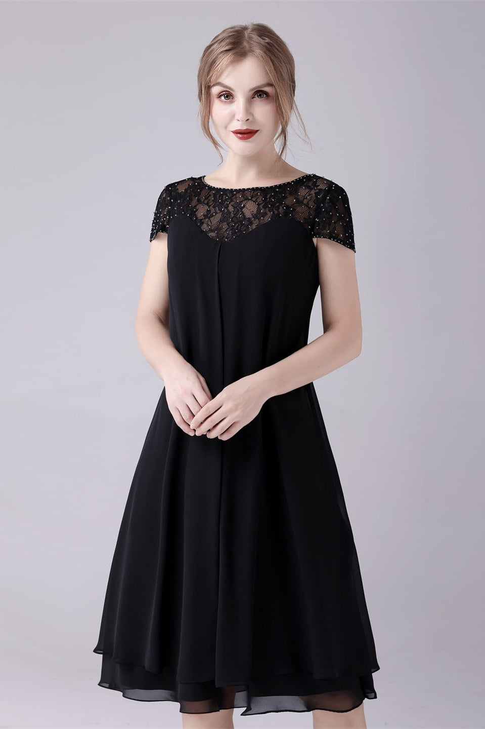 Short sleeves A-Line knee-length jewel lace mother's dress