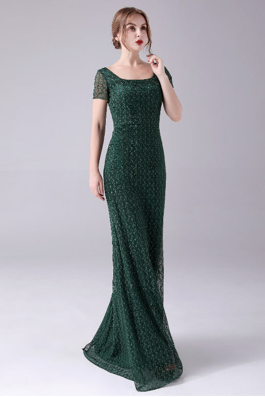Short sleeves Square Lace Floor-Length Backless Mermaid moteher's dress