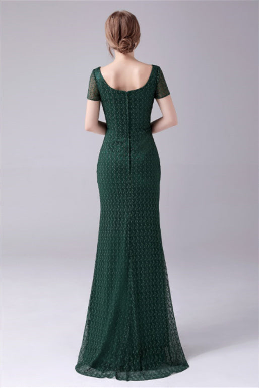 Short sleeves Square Lace Floor-Length Backless Mermaid moteher's dress