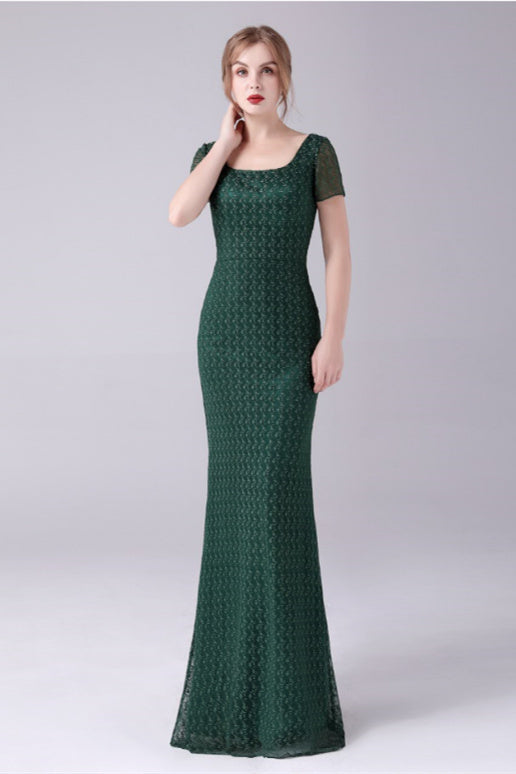 Short sleeves Square Lace Floor-Length Backless Mermaid moteher's dress