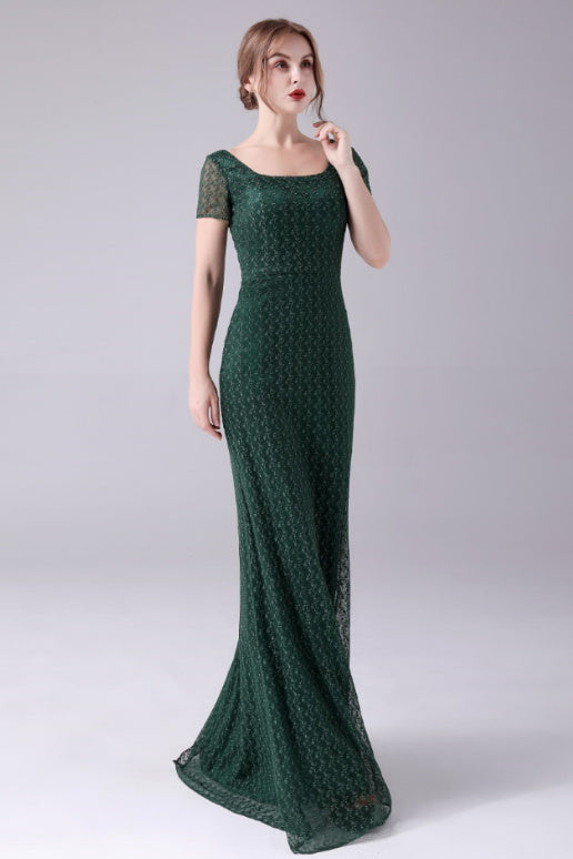 Short sleeves Square Lace Floor-Length Backless Mermaid moteher's dress