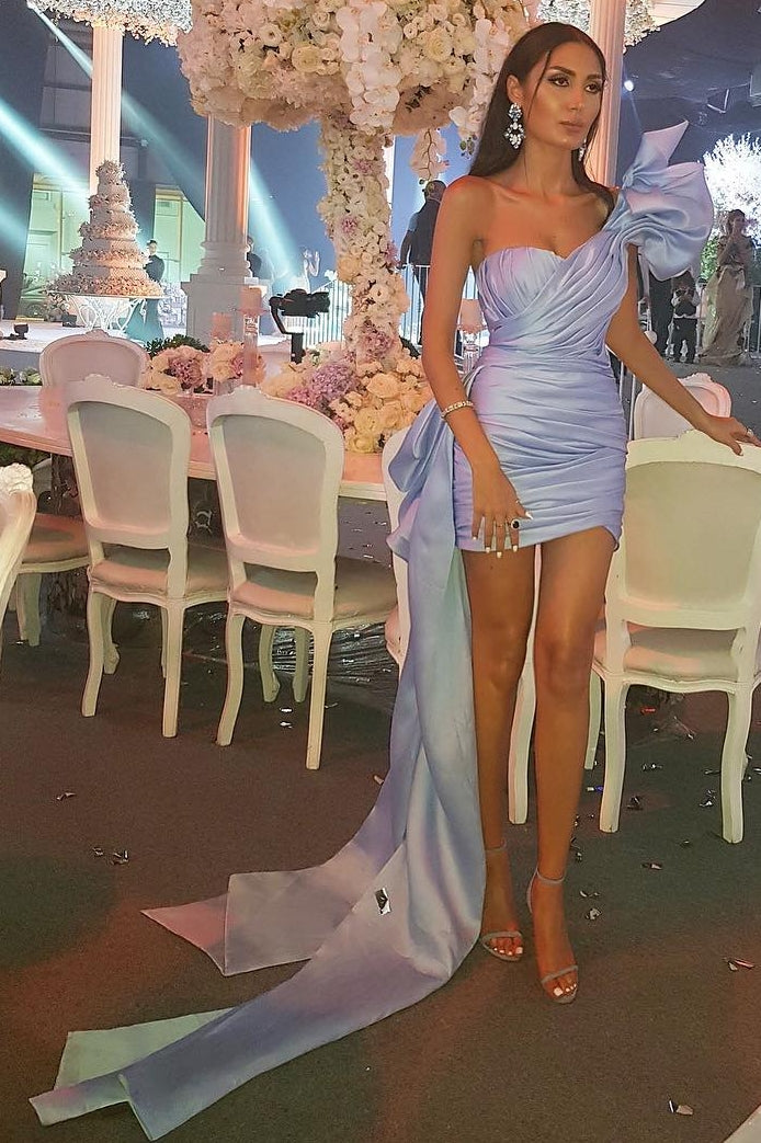 Short Sweetheart Sky blue Pleats One-Shoulder Homecoming Dress