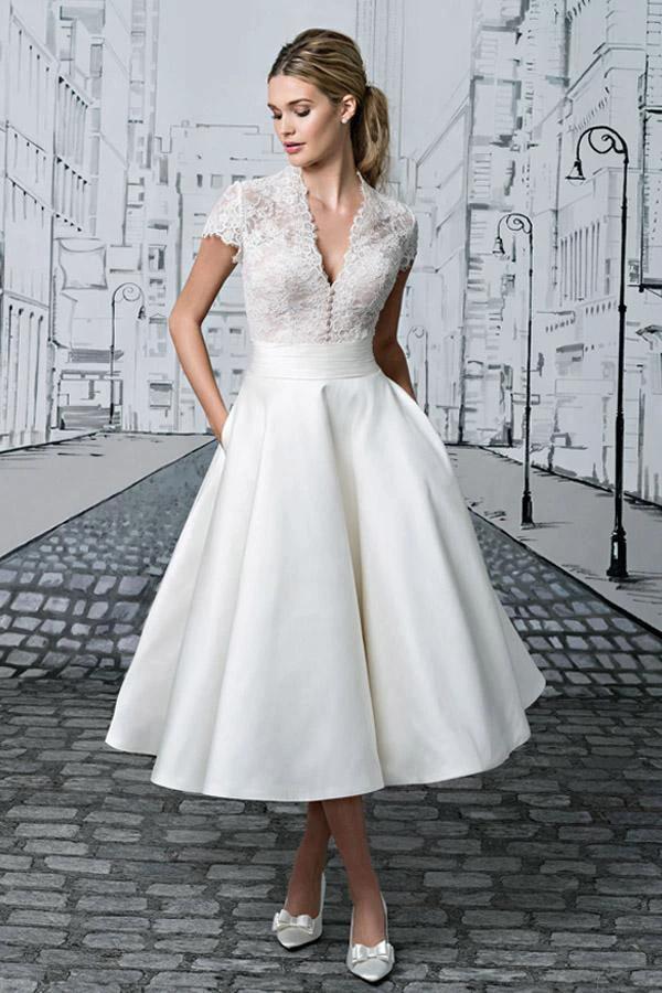 Short Wedding Dresses V-neck Lace Tea-length Ivory Simple Bridal Gown (ZD16280)