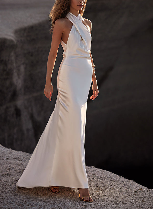 Silk Like Satin Wedding Dresses Sheath Fitted Halter Sleeveless Sweep Train