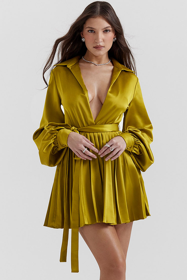Silky Satin Collared V Neck Bishop Sleeve Pleated Shirt Mini Dress - Grass Green