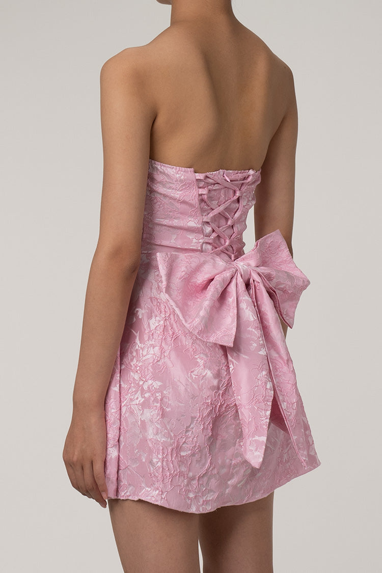 Silky Satin Floral Jacquard Strapless Laced Back Bow Trim Party Mini Dress - Fashionpara