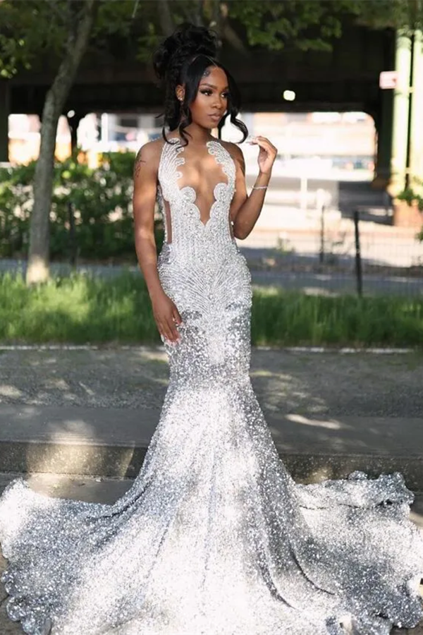 Silver Beaded V-Neck Sequin A-Line Sleeveless Floor-Length Prom Dresses