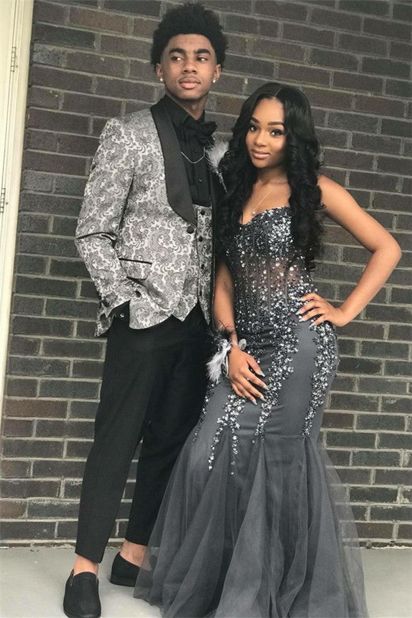 Silver Two Piece Jacquard Men's Suit Slim-Fit One Button Prom Outfit