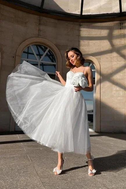 Simple A-Line Short Spaghetti Straps Tulle Wedding Dresses (ZD14595)