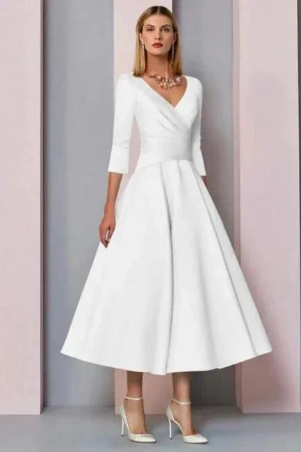 Simple A-line Short V-Neck Long Sleeves Satin Wedding Dresses (ZD14601)