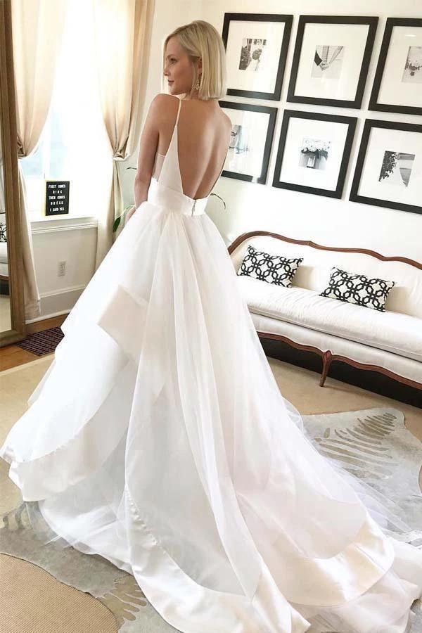 Simple A-line V Neck Straps Ivory Long Wedding Dress with Backless (ZD15431)