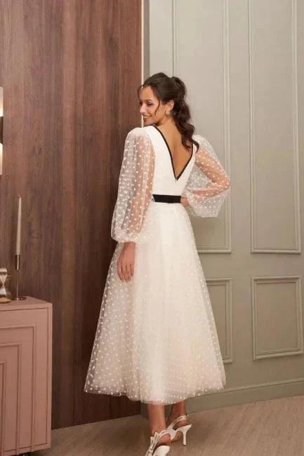 Simple Ankle-Length V-neck Wedding Dresses With Long Sleeves (ZD16529)