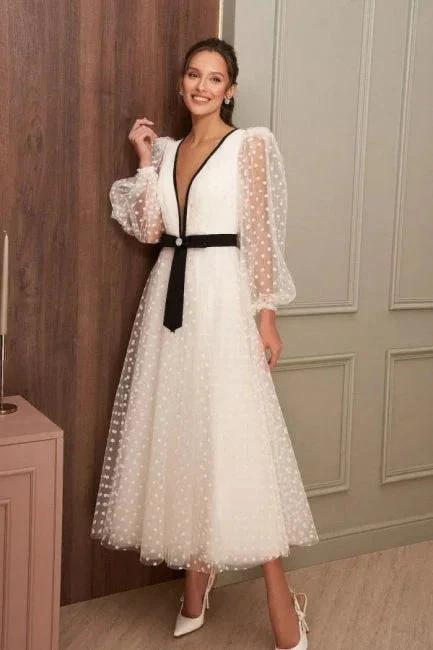 Simple Ankle-Length V-neck Wedding Dresses With Long Sleeves (ZD16529)