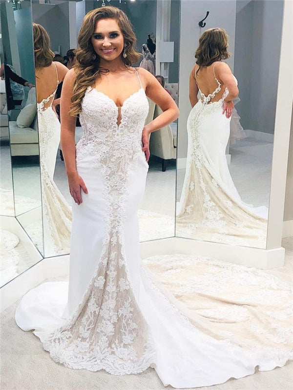 Vintage Lace Fit And Flare Wedding Dress Sheer Back With Long Train