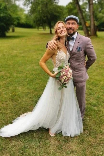 Simple Boho A-line V-neck Backless Sleeveless Wedding Dresses With Lace (ZD14920) - View 2 | VelvetHem