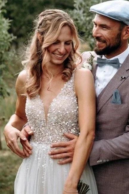 Simple Boho A-line V-neck Backless Sleeveless Wedding Dresses With Lace (ZD14920) - View 4 | VelvetHem