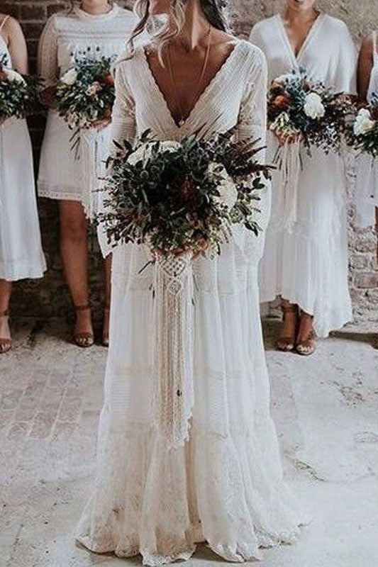 Simple Boho Wedding Dresses A-Line Deep V-Neck Multilayer Lace Chiffon Beach Bridal Gowns