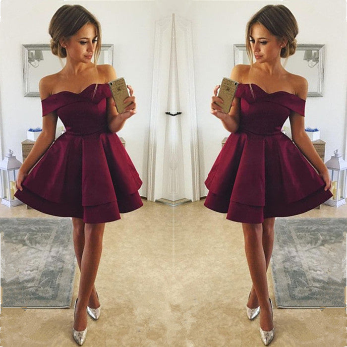 Simple Burgundy Short Homecoming Dresses Off-the-Shoulder A-Line Hoco Dresses