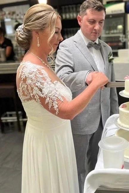 Simple Half-Sleeve Chiffon Sheath Wedding Dresses Bridal Gowns With Lace (ZD14603)