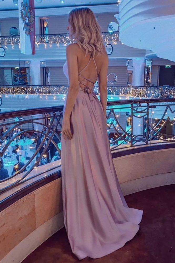 Simple Halter Backless Dusty Pink High split Long evening Dresses