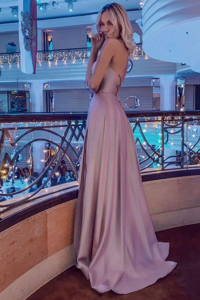 Simple Halter Backless Dusty Pink High split Long evening Dresses