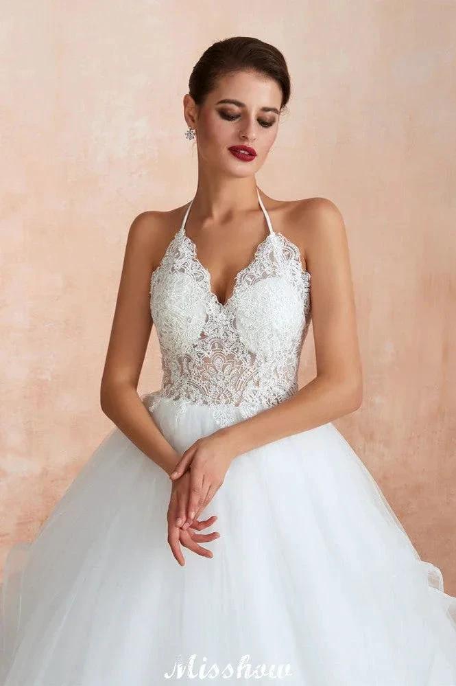 Simple Halter Ball Gown Open Back Lace Bridal Gown with Chapel Train (ZD13895)