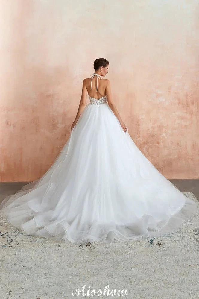 Simple Halter Ball Gown Open Back Lace Bridal Gown with Chapel Train (ZD13895)