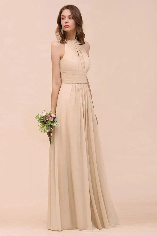 Simple Halter Champagne Slim Long Bridesmaid Dress (ZD13023)