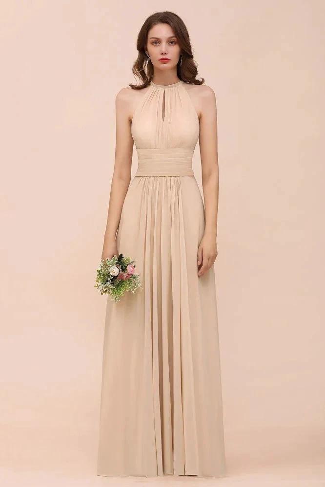 Simple Halter Champagne Slim Long Bridesmaid Dress (ZD13023)