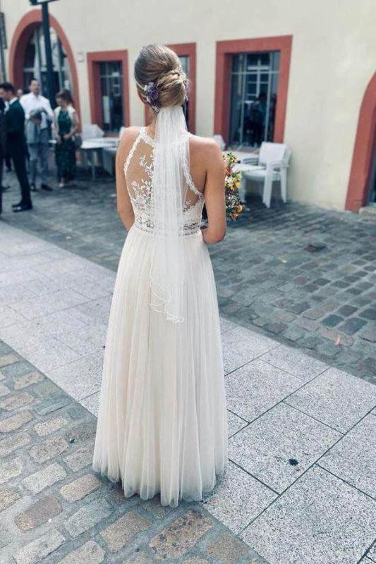 Simple Halter White Sleeveless A-line Tulle Wedding Dress (ZD14630)
