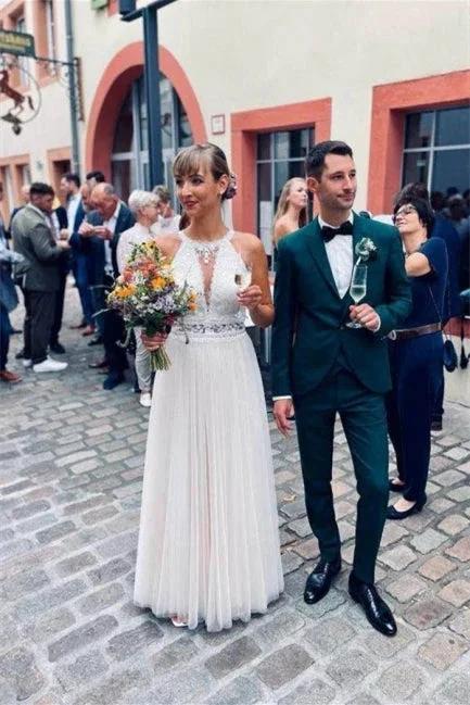 Simple Halter White Sleeveless A-line Tulle Wedding Dress (ZD14630)