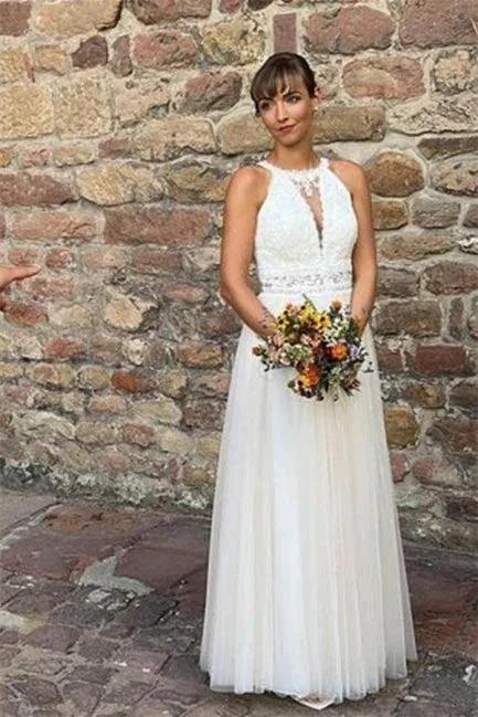 Simple Halter White Sleeveless A-line Tulle Wedding Dress (ZD14630)