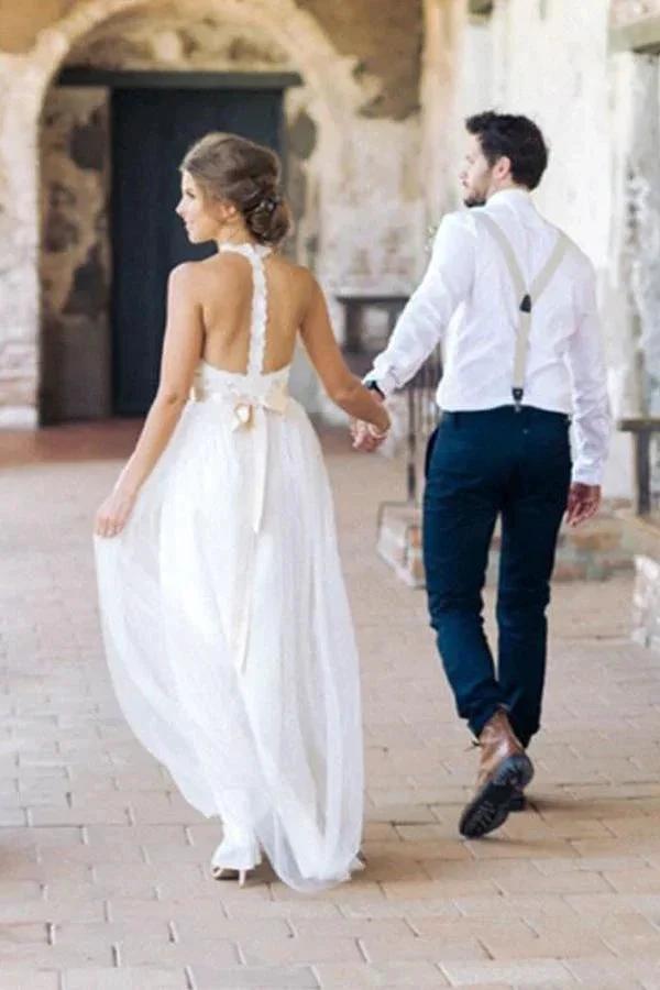 Simple Jewel Sleeveless Floor-Length Lace Top Wedding Dress (ZD16374)