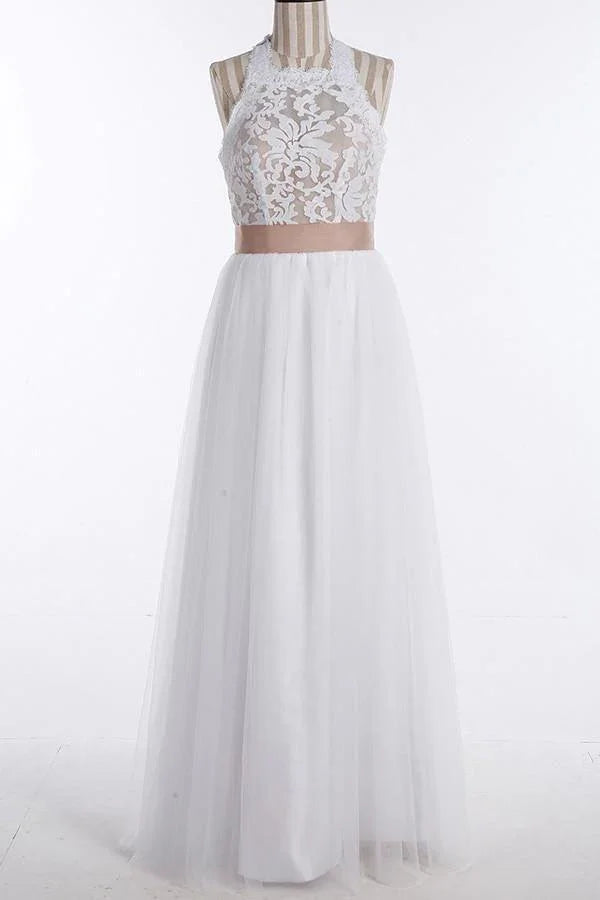 Simple Jewel Sleeveless Floor-Length Lace Top Wedding Dress (ZD16374)
