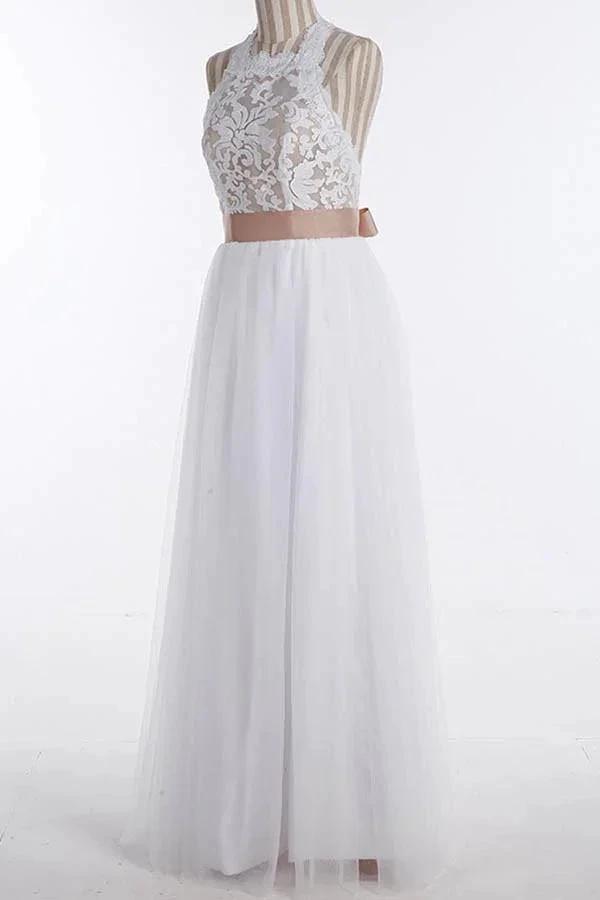 Simple Jewel Sleeveless Floor-Length Lace Top Wedding Dress (ZD16374)