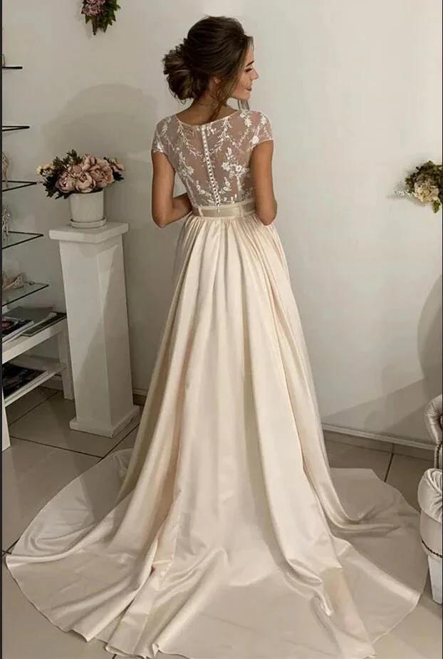 Simple Long A-line jewel Stretch Satin Lace Wedding Dresses (ZD14436) - View 2 | VelvetHem