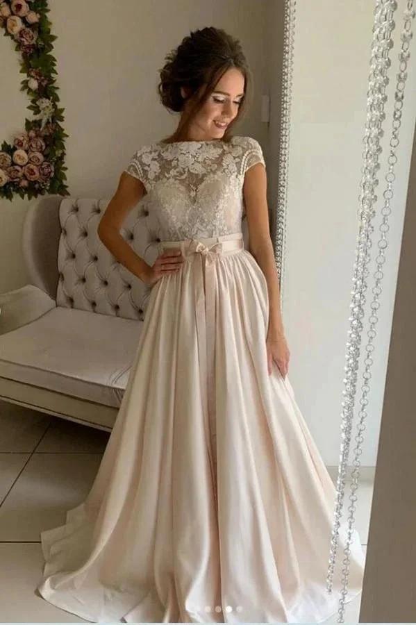 Simple Long A-line jewel Stretch Satin Lace Wedding Dresses (ZD14436)