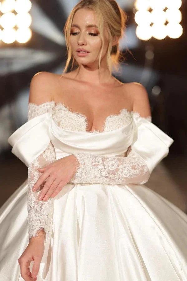 Simple Long A-line Off-the-shoulder Princess Satin Lace Wedding Dresses With Long Sleeves (ZD14840)