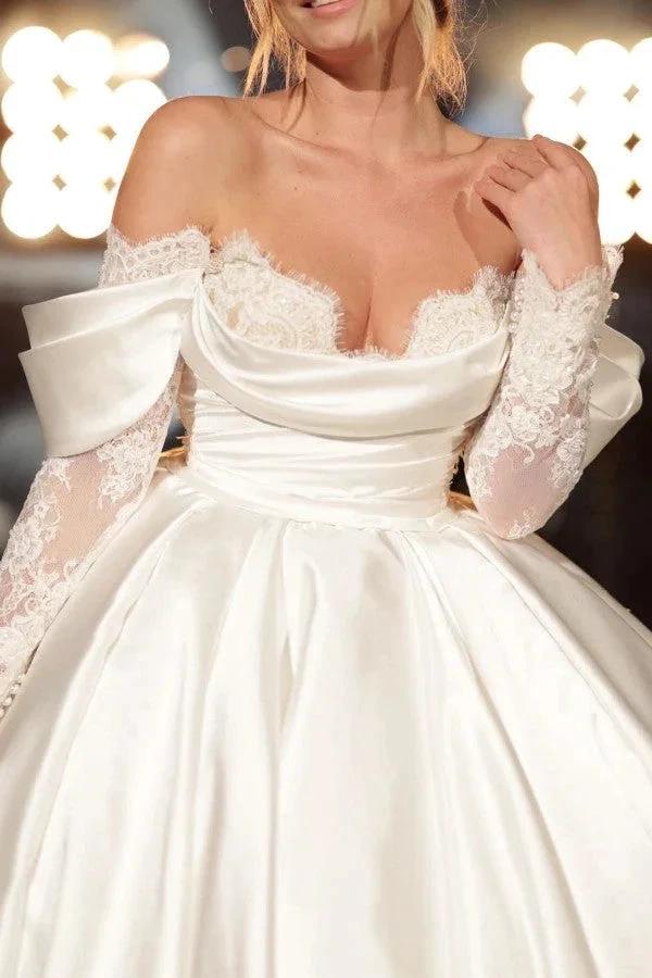 Simple Long A-line Off-the-shoulder Princess Satin Lace Wedding Dresses With Long Sleeves (ZD14840)