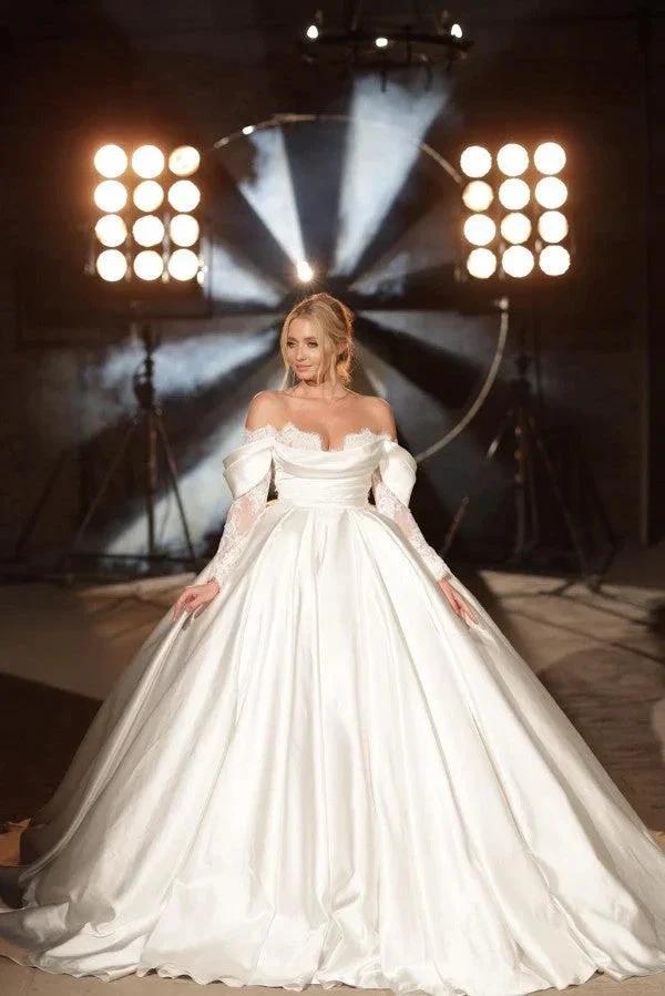 Simple Long A-line Off-the-shoulder Princess Satin Lace Wedding Dresses With Long Sleeves (ZD14840)