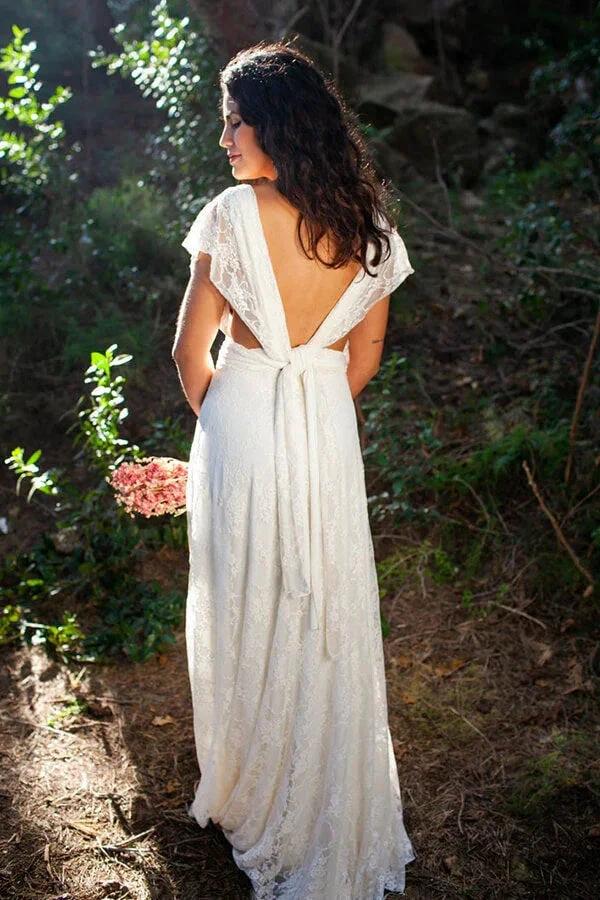 Simple Long A-line Open Back Sleeveless V-neck Lace Wedding Dress (ZD16689)