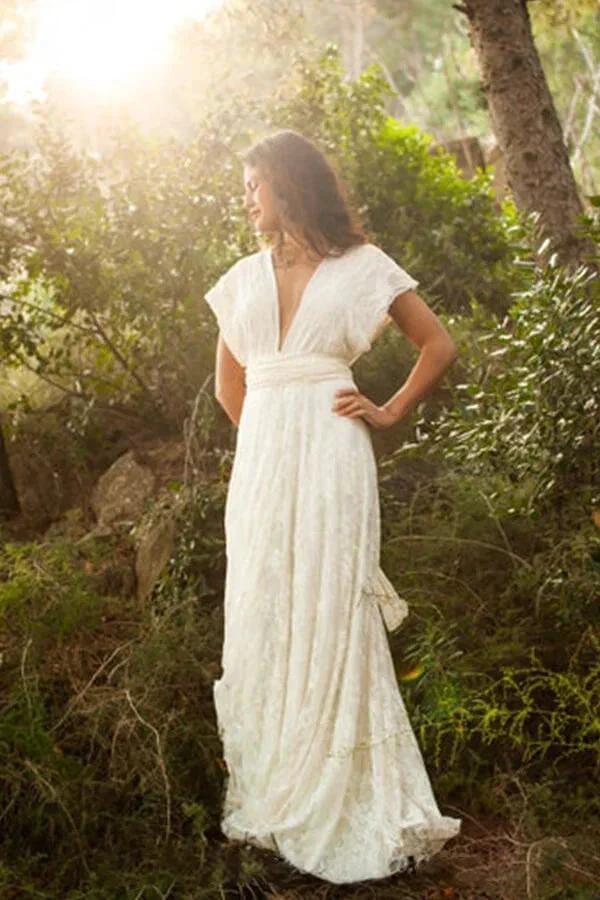 Simple Long A-line Open Back Sleeveless V-neck Lace Wedding Dress (ZD16689)