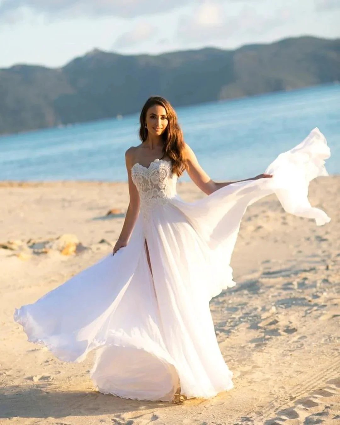 Simple Long A-line Sweetheart Chiffon Appliques Lace Wedding Dress (ZD15029)