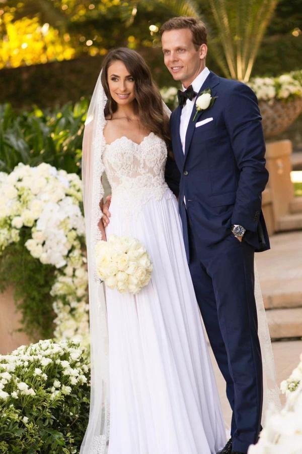 Simple Long A-line Sweetheart Chiffon Appliques Lace Wedding Dress (ZD15029) - VelvetHem