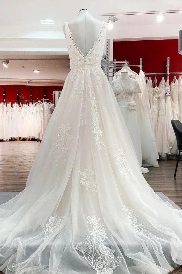 Simple Long A-line Tulle Lace V Neck Appliques Lace Open Back Wedding Dress (ZD15250)