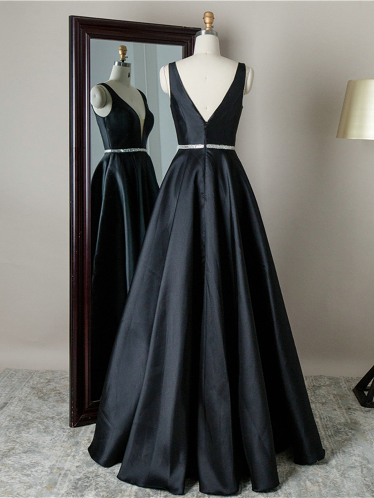 Simple Long A-line V-neck Backless Satin Prom Dress Black Formal Graduation Evening Dresses - View 2 | VelvetHem