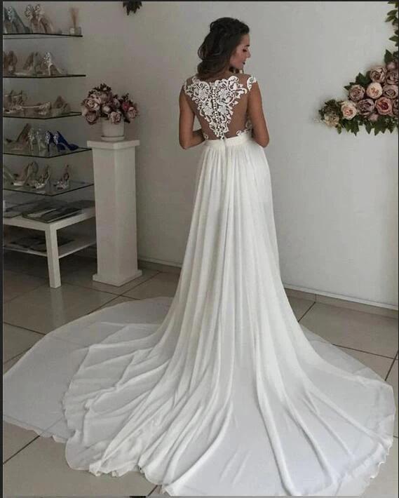 Simple Long A-line V-neck Chiffon Lace Wedding Dress with Slit (ZD15134)