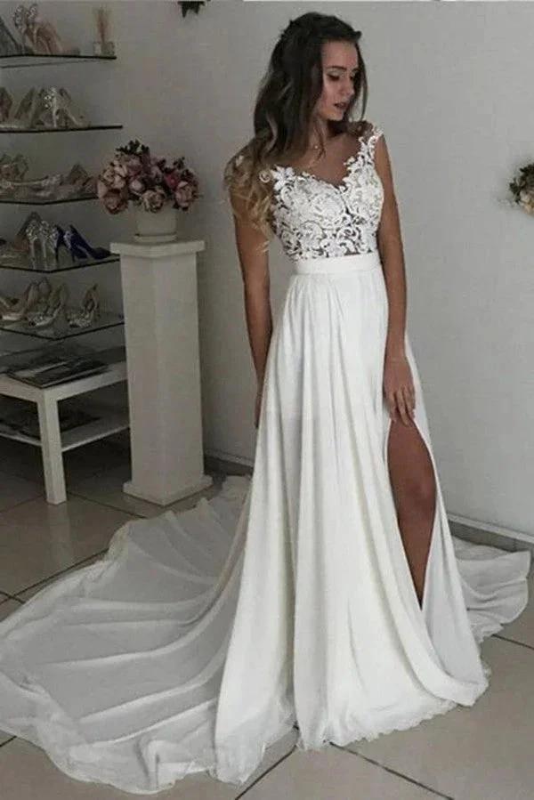 Simple Long A-line V-neck Chiffon Lace Wedding Dress with Slit (ZD15134)