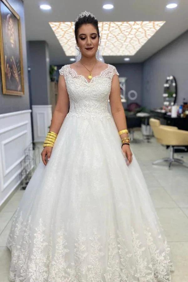 Simple Long A-line V-neck Lace Tulle Wedding Dress (ZD15152)